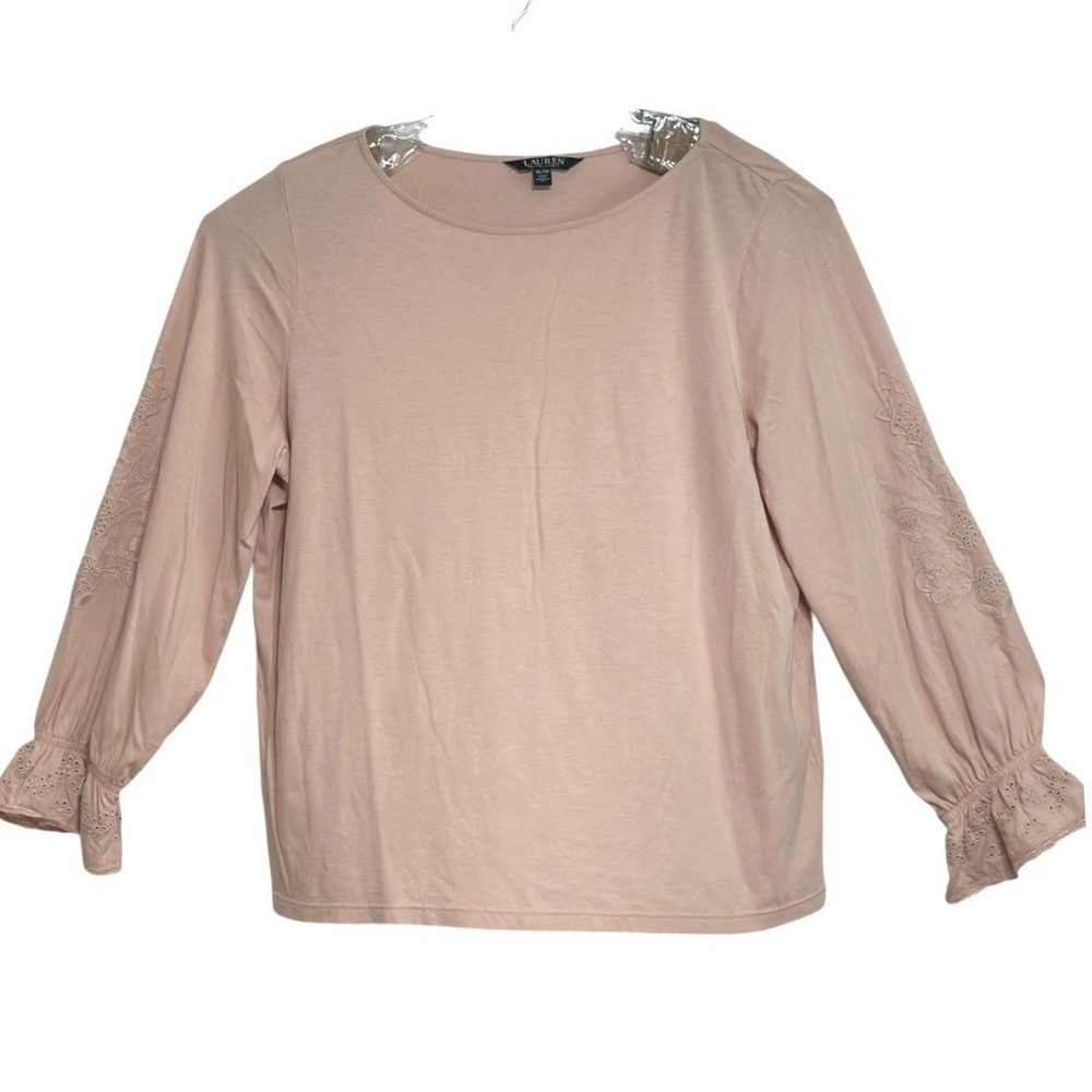 Lauren Ralph Lauren Knit Top Women Blush Embroidered Eyelet Cuff Soft Girl XL